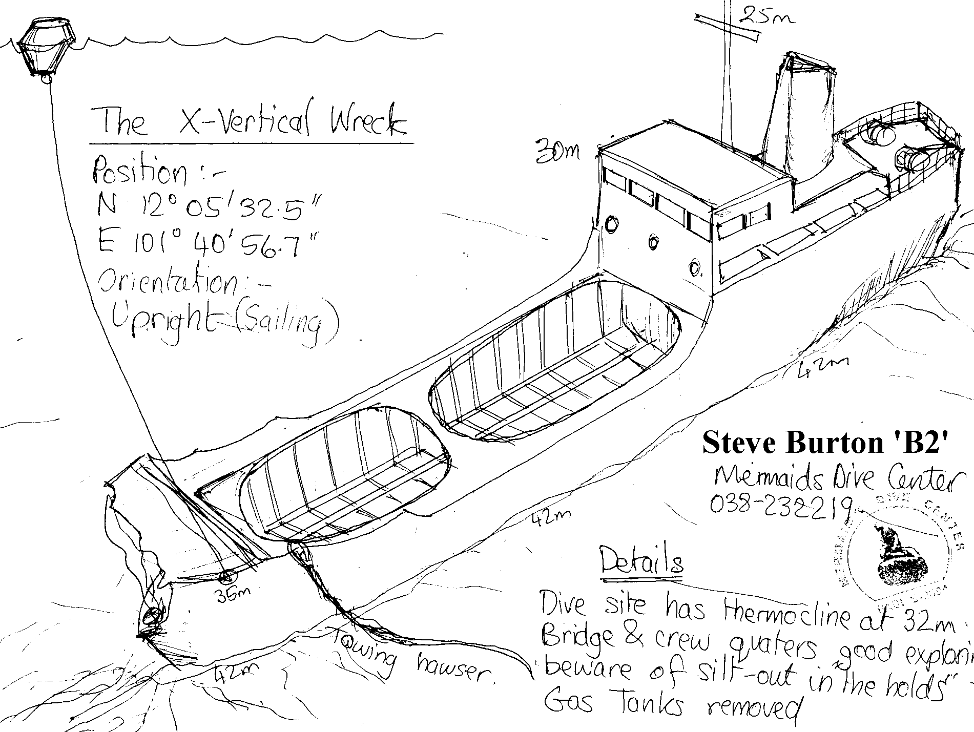 the x-vertical wreck's pak1 or koho maru-5 in it's latest position on the seabed south of ban pae beach, rayong province. the x-vertical wreck's pak1 or koho maru-5 in it's latest position on the seabed south of ban pae beach, rayong province.